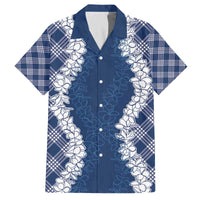 Hawaii Aloha Plumeria Lei Navy Palaka Family Matching Off The Shoulder Long Sleeve Dress and Hawaiian Shirt - Polynesian Pride