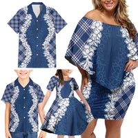Hawaii Aloha Plumeria Lei Navy Palaka Family Matching Off Shoulder Short Dress and Hawaiian Shirt - Polynesian Pride