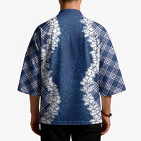 Hawaii Aloha Plumeria Lei Navy Palaka Kimono - Polynesian Pride