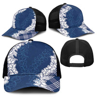 Hawaii Aloha Plumeria Lei Navy Palaka Mesh Trucker Cap - Polynesian Pride