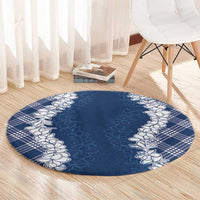 Hawaii Aloha Plumeria Lei Navy Palaka Round Carpet - Polynesian Pride
