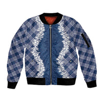 Hawaii Aloha Plumeria Lei Navy Palaka Sleeve Zip Bomber Jacket - Polynesian Pride
