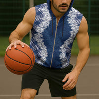 Hawaii Aloha Plumeria Lei Navy Palaka Sleeveless Zip Hoodie - Polynesian Pride