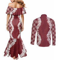 Hawaii Aloha Plumeria Lei Scarlet Palaka Couples Matching Mermaid Dress and Long Sleeve Button Shirt - Polynesian Pride