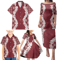 Hawaii Aloha Plumeria Lei Scarlet Palaka Family Matching Puletasi and Hawaiian Shirt - Polynesian Pride