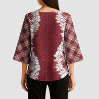 Hawaii Aloha Plumeria Lei Scarlet Palaka Kimono Sleeve Blouse - Polynesian Pride