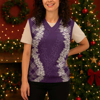 Hawaii Aloha Plumeria Lei Violet Palaka Christmas Knitted V-Neck Vest - Polynesian Pride