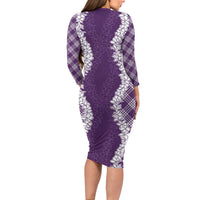 Hawaii Aloha Plumeria Lei Violet Palaka Long Sleeve Bodycon Dress - Polynesian Pride