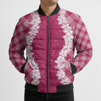 Hawaii Aloha Plumeria Lei Fuschia Palaka Bomber Puffer Jacket - Polynesian Pride