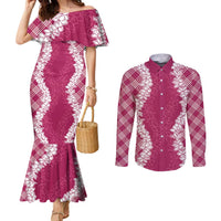 Hawaii Aloha Plumeria Lei Fuschia Palaka Couples Matching Mermaid Dress and Long Sleeve Button Shirt - Polynesian Pride