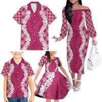 Hawaii Aloha Plumeria Lei Fuschia Palaka Family Matching Off The Shoulder Long Sleeve Dress and Hawaiian Shirt - Polynesian Pride