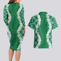 Hawaii Aloha Plumeria Lei Green Palaka Couples Matching Long Sleeve Bodycon Dress and Hawaiian Shirt - Polynesian Pride