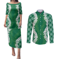 Hawaii Aloha Plumeria Lei Green Palaka Couples Matching Puletasi and Long Sleeve Button Shirt LT7 Green - Polynesian Pride
