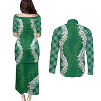 Hawaii Aloha Plumeria Lei Green Palaka Couples Matching Puletasi and Long Sleeve Button Shirt LT7 - Polynesian Pride