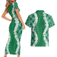 Hawaii Aloha Plumeria Lei Green Palaka Couples Matching Short Sleeve Bodycon Dress and Hawaiian Shirt - Polynesian Pride