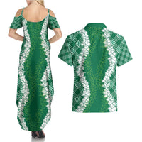 Hawaii Aloha Plumeria Lei Green Palaka Couples Matching Summer Maxi Dress and Hawaiian Shirt - Polynesian Pride