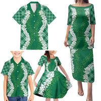 Hawaii Aloha Plumeria Lei Green Palaka Family Matching Puletasi and Hawaiian Shirt - Polynesian Pride
