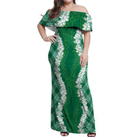 Hawaii Aloha Plumeria Lei Green Palaka Off Shoulder Maxi Dress - Polynesian Pride