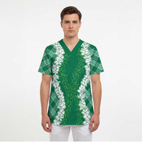 Hawaii Aloha Plumeria Lei Green Palaka Scrub Top - Polynesian Pride