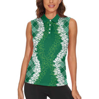 Hawaii Aloha Plumeria Lei Green Palaka Women Sleeveless Polo Shirt - Polynesian Pride