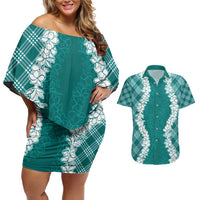 Hawaii Aloha Plumeria Lei Teal Palaka Couples Matching Off Shoulder Short Dress and Hawaiian Shirt - Polynesian Pride