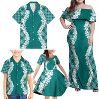 Hawaii Aloha Plumeria Lei Teal Palaka Family Matching Off Shoulder Maxi Dress and Hawaiian Shirt - Polynesian Pride