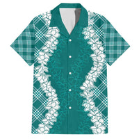 Hawaii Aloha Plumeria Lei Teal Palaka Family Matching Off Shoulder Maxi Dress and Hawaiian Shirt - Polynesian Pride