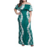 Hawaii Aloha Plumeria Lei Teal Palaka Family Matching Off Shoulder Maxi Dress and Hawaiian Shirt - Polynesian Pride