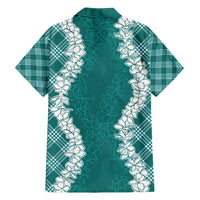 Hawaii Aloha Plumeria Lei Teal Palaka Family Matching Off Shoulder Short Dress and Hawaiian Shirt - Polynesian Pride