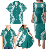 Hawaii Aloha Plumeria Lei Teal Palaka Family Matching Puletasi and Hawaiian Shirt - Polynesian Pride