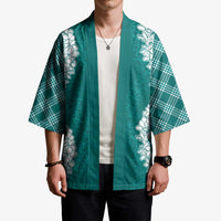 Hawaii Aloha Plumeria Lei Teal Palaka Kimono - Polynesian Pride