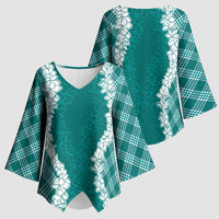 Hawaii Aloha Plumeria Lei Teal Palaka Kimono Sleeve Blouse - Polynesian Pride