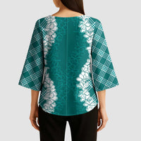 Hawaii Aloha Plumeria Lei Teal Palaka Kimono Sleeve Blouse - Polynesian Pride