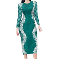 Hawaii Aloha Plumeria Lei Teal Palaka Long Sleeve Bodycon Dress - Polynesian Pride