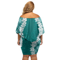 Hawaii Aloha Plumeria Lei Teal Palaka Off Shoulder Short Dress - Polynesian Pride