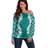Hawaii Aloha Plumeria Lei Teal Palaka Off Shoulder Sweater - Polynesian Pride