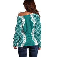Hawaii Aloha Plumeria Lei Teal Palaka Off Shoulder Sweater - Polynesian Pride