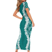 Hawaii Aloha Plumeria Lei Teal Palaka Short Sleeve Bodycon Dress - Polynesian Pride