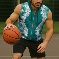 Hawaii Aloha Plumeria Lei Teal Palaka Sleeveless Zip Hoodie - Polynesian Pride