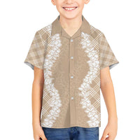 Hawaii Aloha Plumeria Lei Beige Palaka Family Matching Puletasi and Hawaiian Shirt - Polynesian Pride