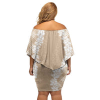 Hawaii Aloha Plumeria Lei Beige Palaka Off Shoulder Short Dress - Polynesian Pride