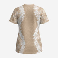 Hawaii Aloha Plumeria Lei Beige Palaka Scrub Top - Polynesian Pride