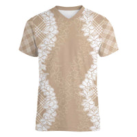 Hawaii Aloha Plumeria Lei Beige Palaka Women V-Neck T-Shirt - Polynesian Pride