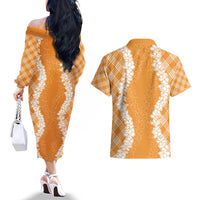 Hawaii Aloha Plumeria Lei Orange Palaka Couples Matching Off The Shoulder Long Sleeve Dress and Hawaiian Shirt - Polynesian Pride