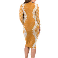 Hawaii Aloha Plumeria Lei Orange Palaka Long Sleeve Bodycon Dress - Polynesian Pride