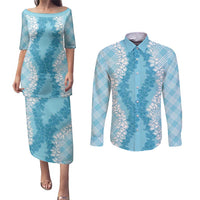 Hawaii Aloha Plumeria Lei Turquoise Palaka Couples Matching Puletasi and Long Sleeve Button Shirt LT7 Turquoise - Polynesian Pride