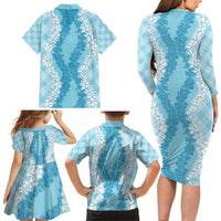Hawaii Aloha Plumeria Lei Turquoise Palaka Family Matching Long Sleeve Bodycon Dress and Hawaiian Shirt - Polynesian Pride