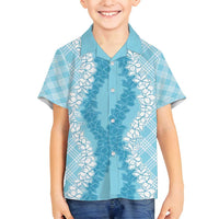 Hawaii Aloha Plumeria Lei Turquoise Palaka Family Matching Off Shoulder Short Dress and Hawaiian Shirt - Polynesian Pride