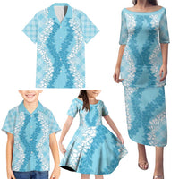 Hawaii Aloha Plumeria Lei Turquoise Palaka Family Matching Puletasi and Hawaiian Shirt - Polynesian Pride