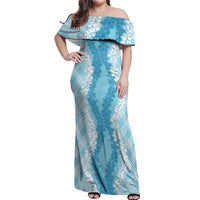 Hawaii Aloha Plumeria Lei Turquoise Palaka Off Shoulder Maxi Dress - Polynesian Pride